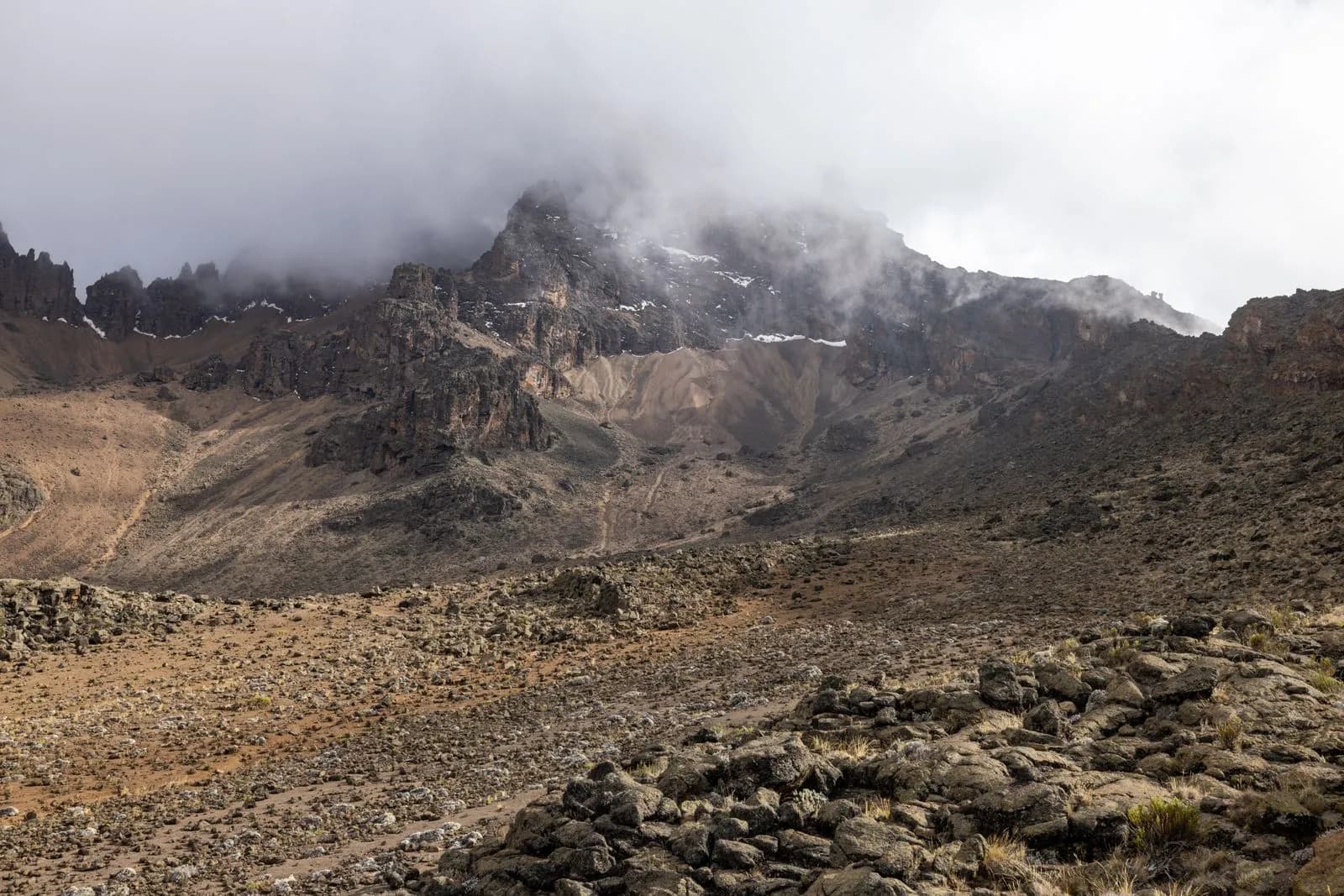 Rugged mountain peak landscape with rocky terrain and heavy clouds in the high altitude wilderness