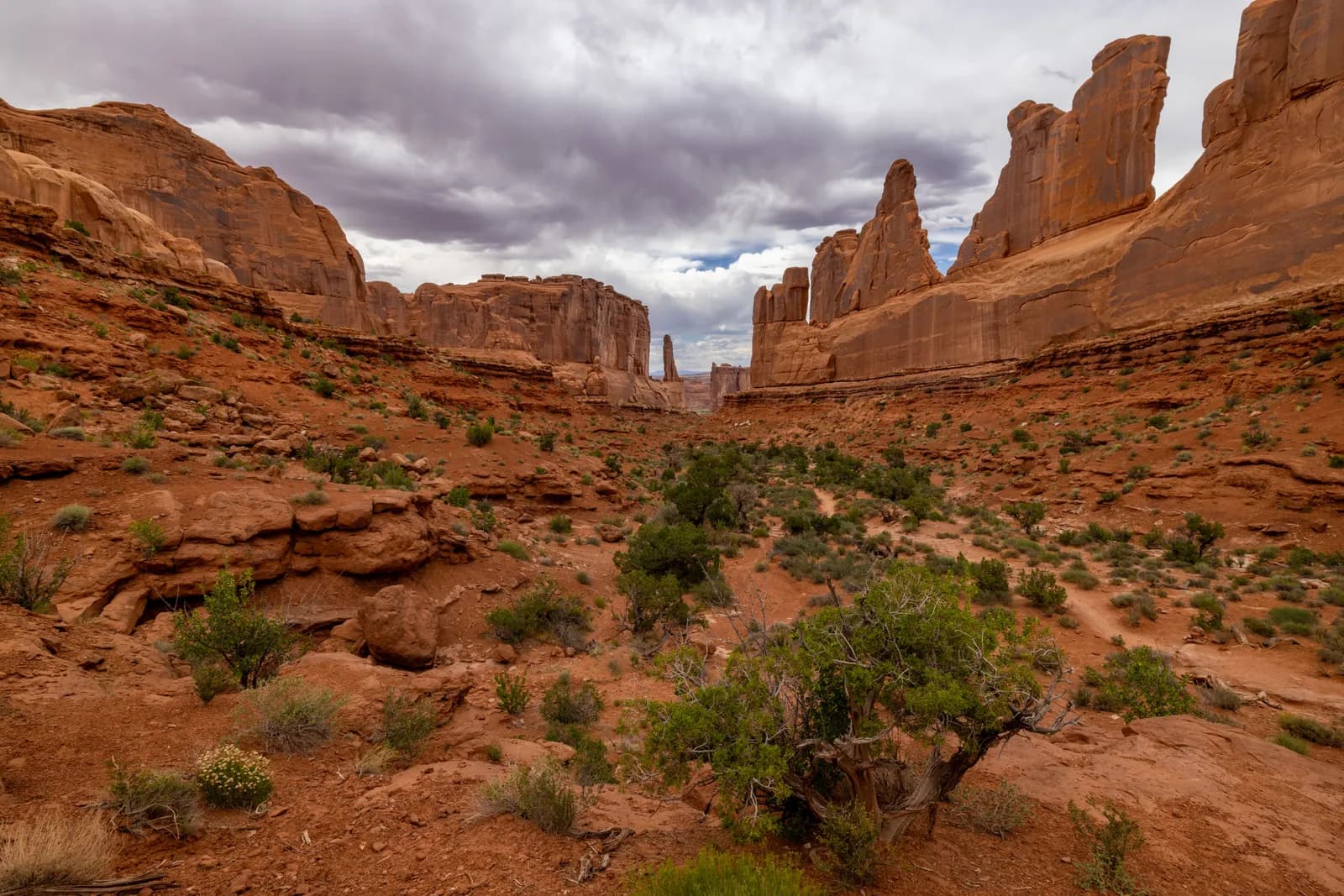 Scenic view of red rock canyon formations in utah desert under a cloudy sky for travel background