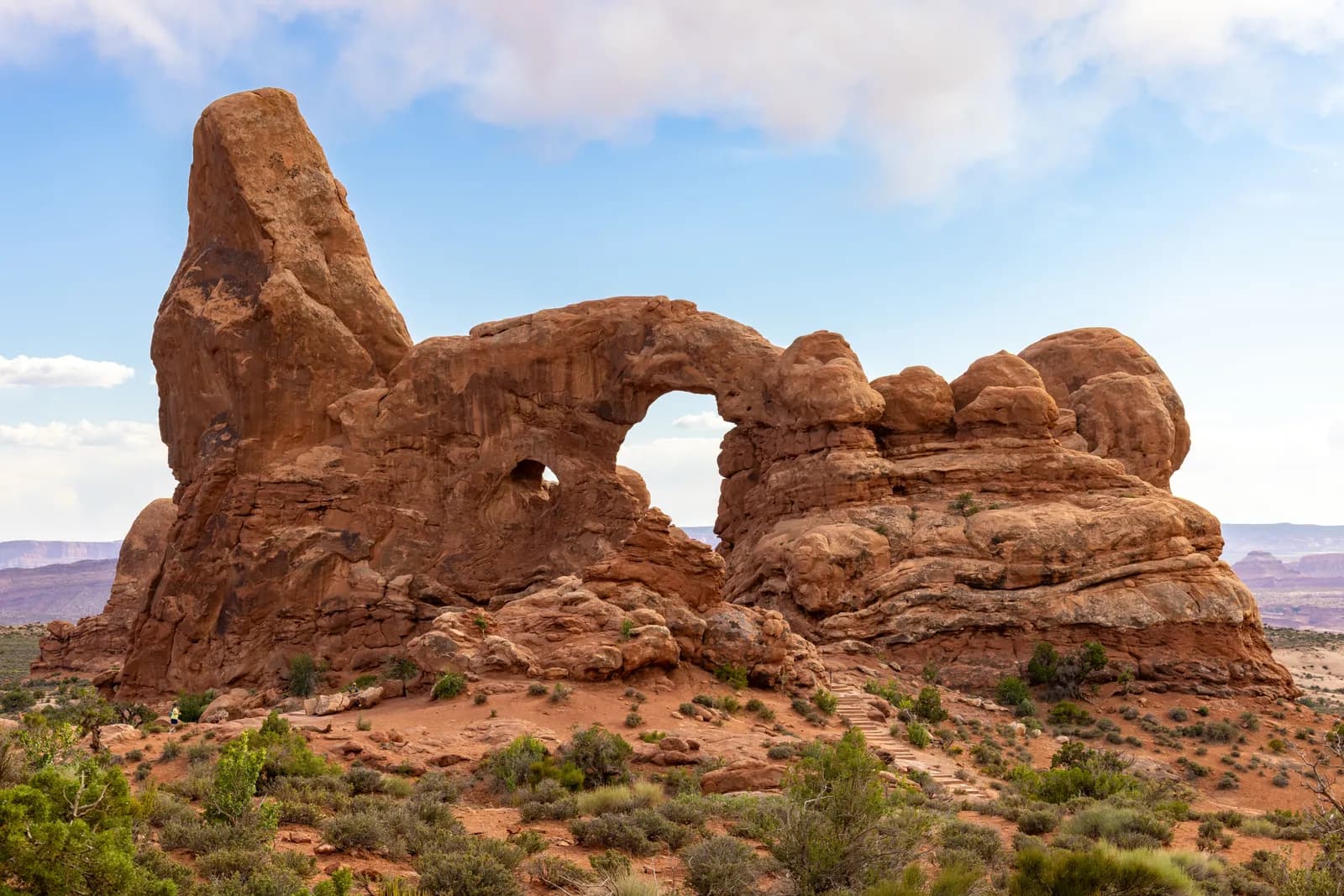 Scenic view of turret arch in arches national park utah with red sandstone rock formations