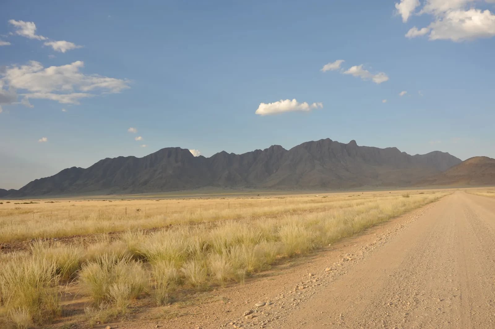 Scenic dirt road leading through a vast dry desert landscape with distant mountains under blue sky