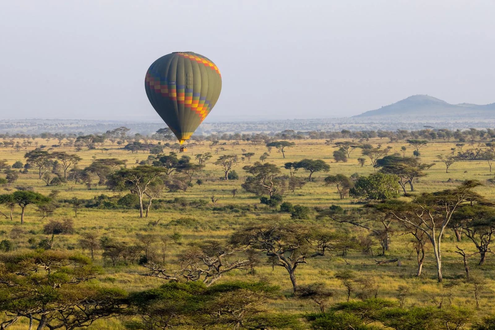 Hot air balloon flying over the african savanna landscape during a sunny morning safari adventure