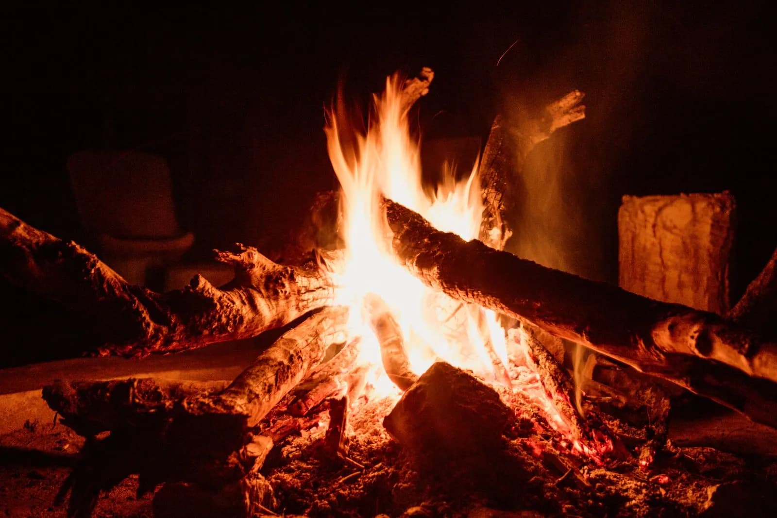 Bright campfire burning with glowing logs at night for outdoor camping and wilderness adventure