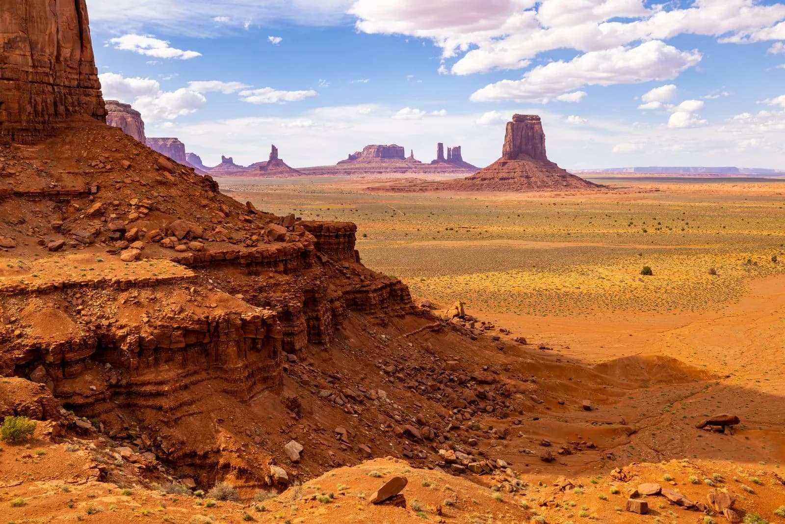 Scenic view of monument valley desert landscape with red sandstone buttes and blue sky