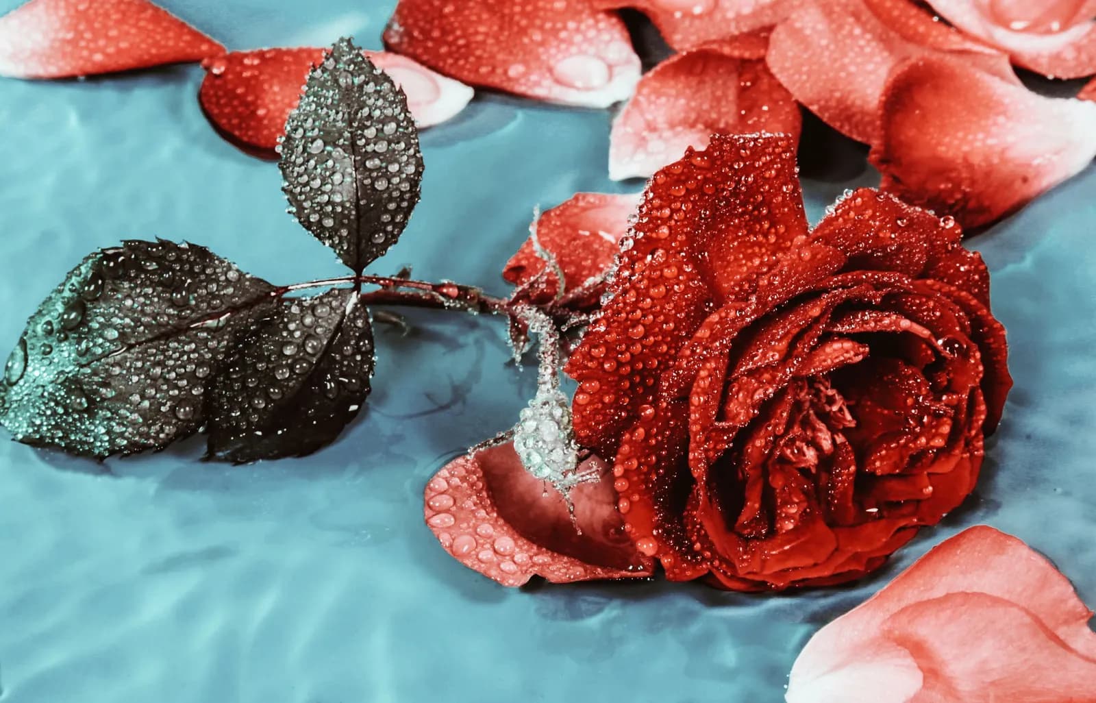 Red rose flower with water droplets floating on blue water surface for romantic background