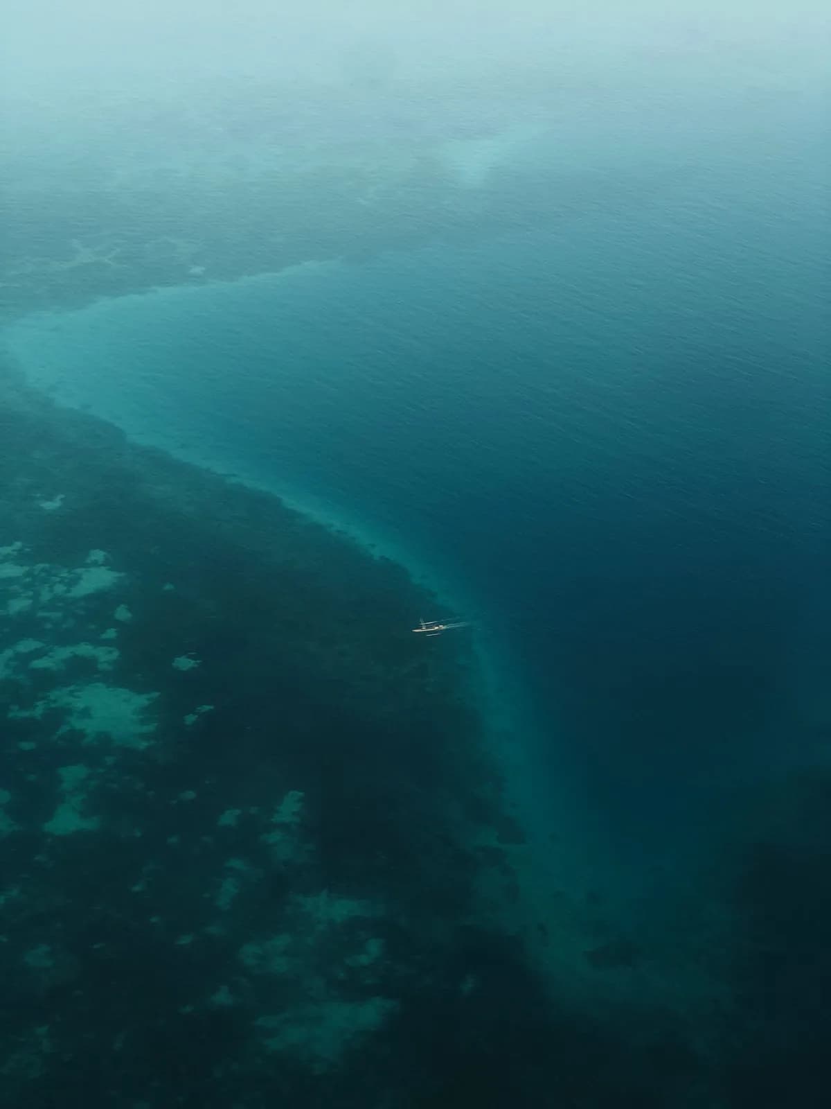 Aerial view of a small boat sailing on deep blue tropical ocean water near a coral reef