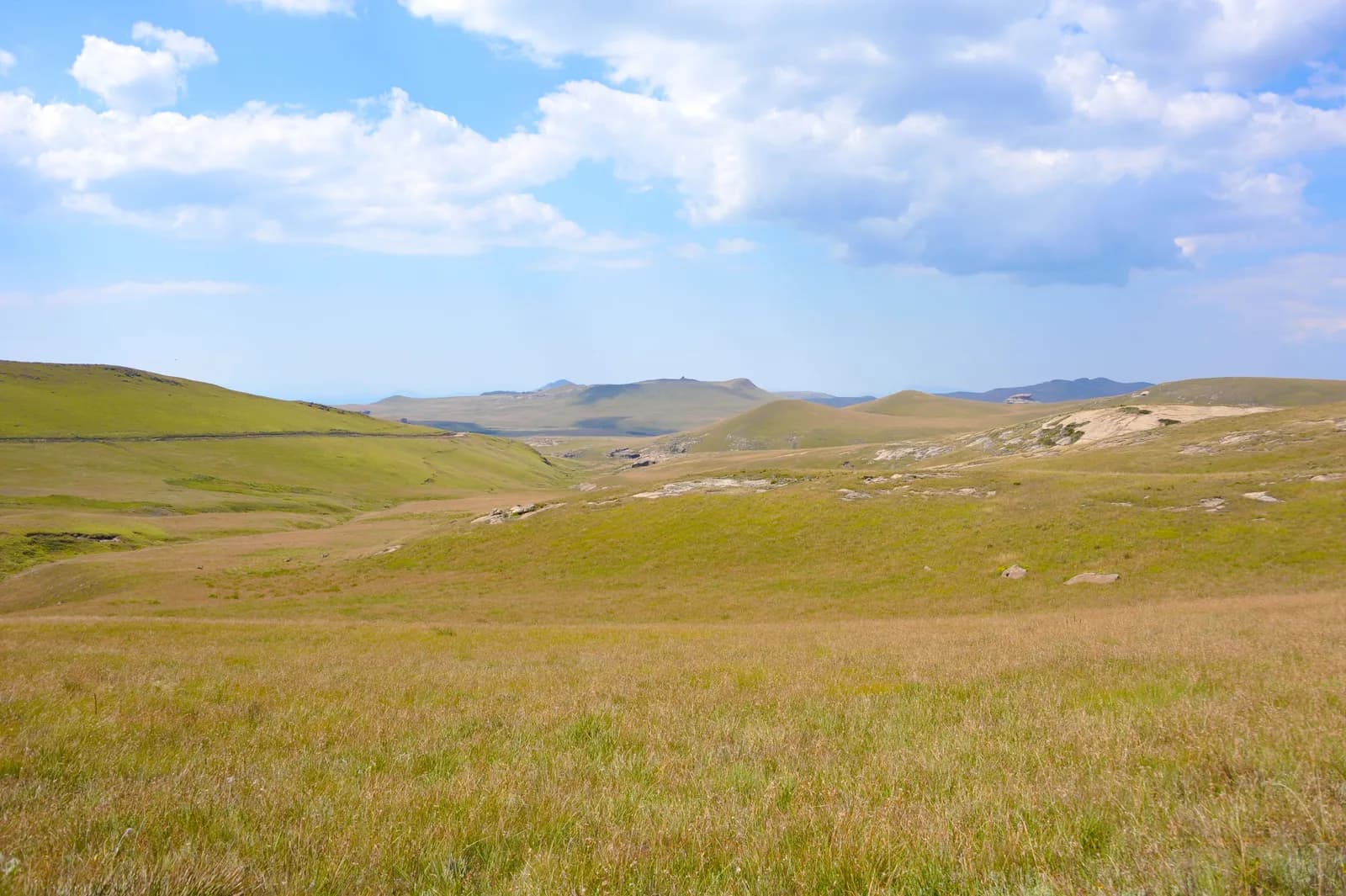 Wide panoramic view of rolling grassy hills under a bright blue sky with scattered white clouds