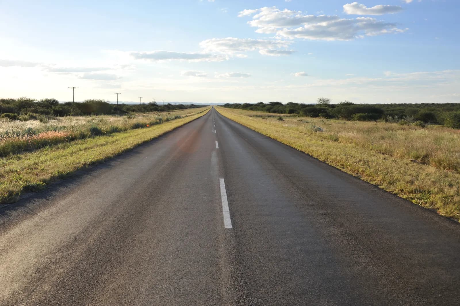Empty asphalt road stretching into the horizon through a rural landscape at sunset