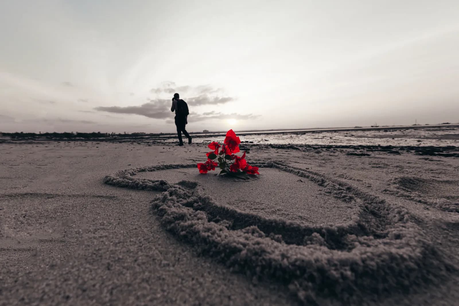 Red rose flower inside a heart shape drawn on the beach sand with a person walking at sunset
