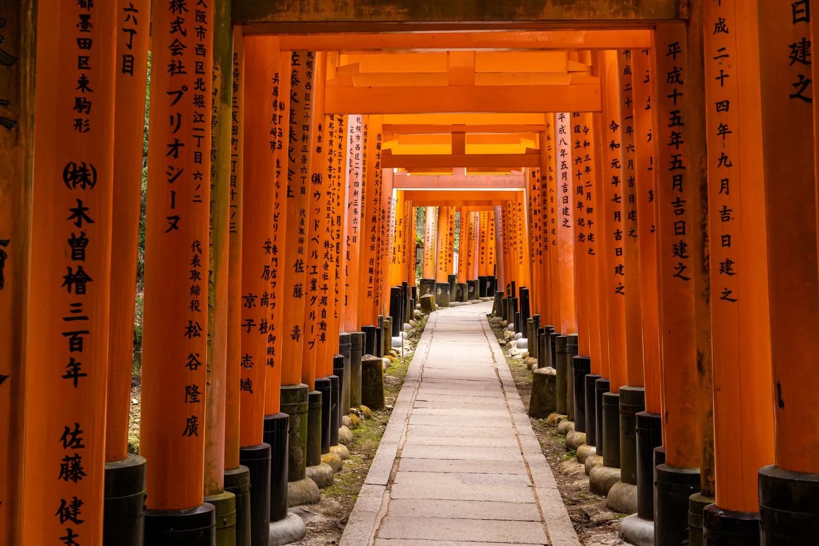 Vibrant orange torii gates path at fushimi inari shrine in kyoto japan during a sunny day