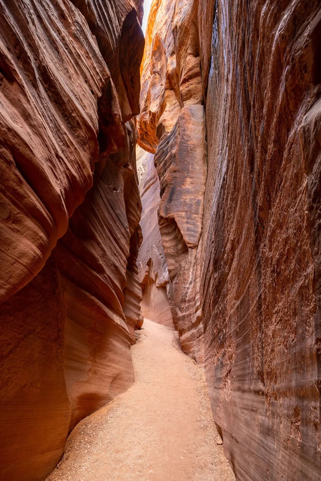 Narrow slot canyon trail with towering red sandstone rock walls in the desert wilderness landscape
