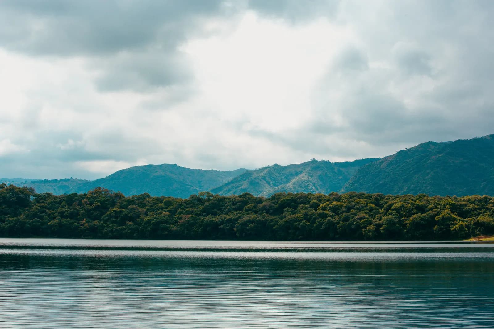 Serene tropical lake surrounded by lush green forest and misty mountains