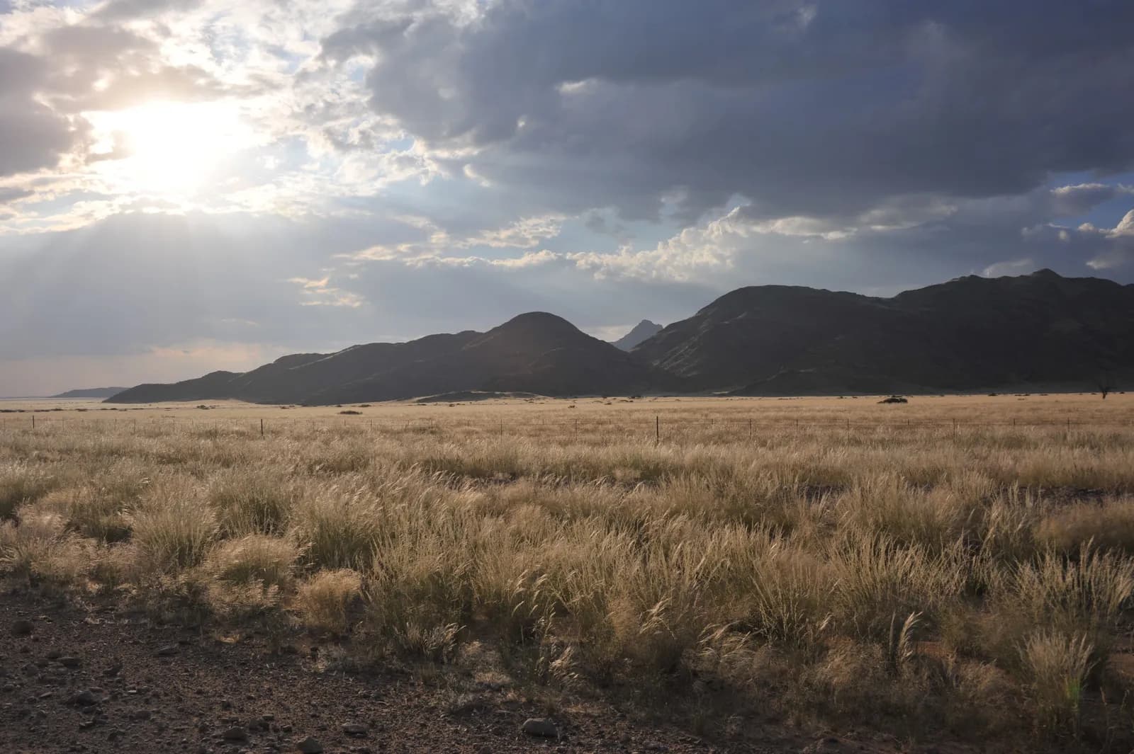 Dramatic sunset over dry grassy savanna landscape with distant mountains and cloudy sky