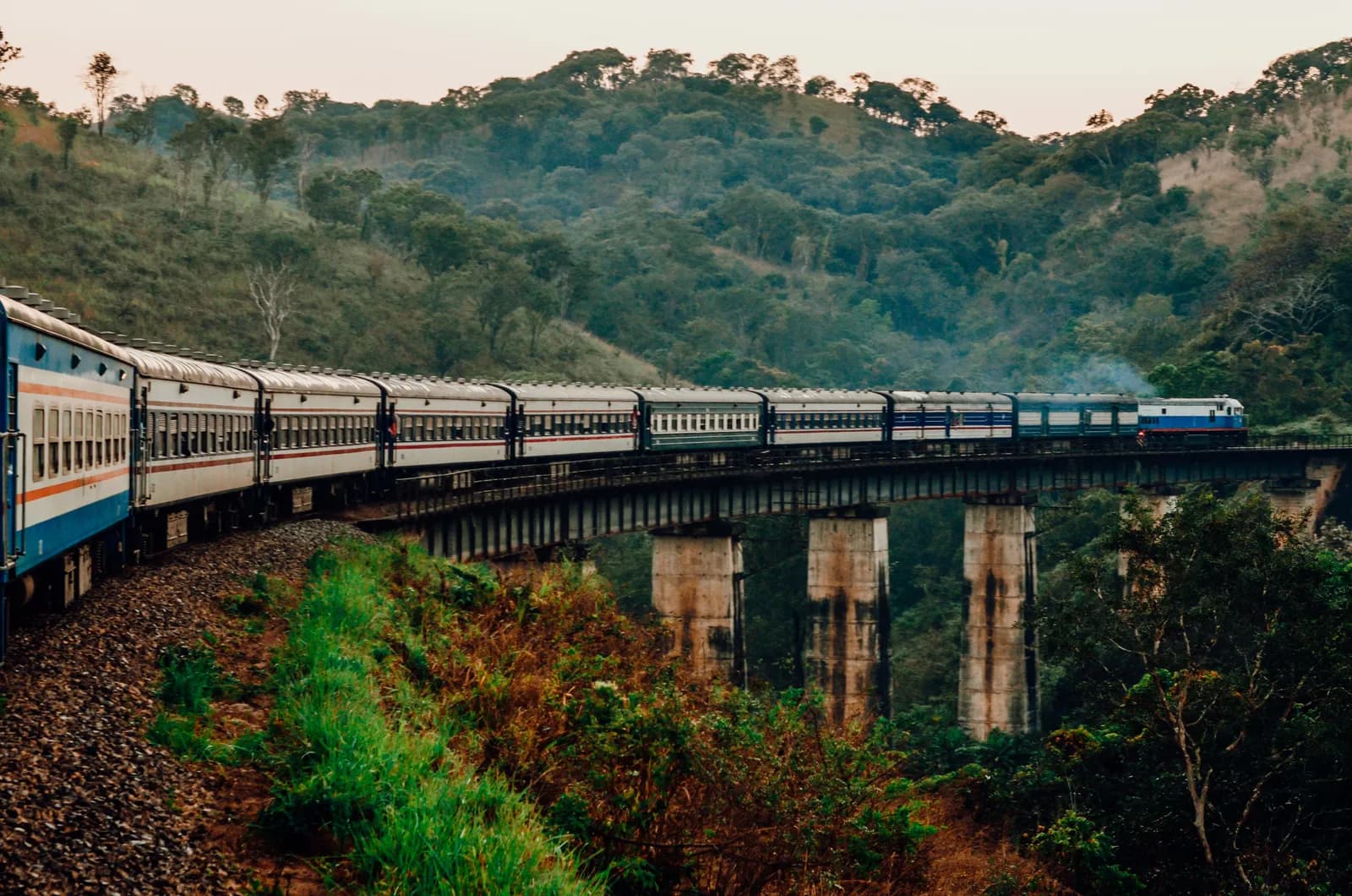 Passenger train crossing scenic bridge through lush tropical forest landscape
