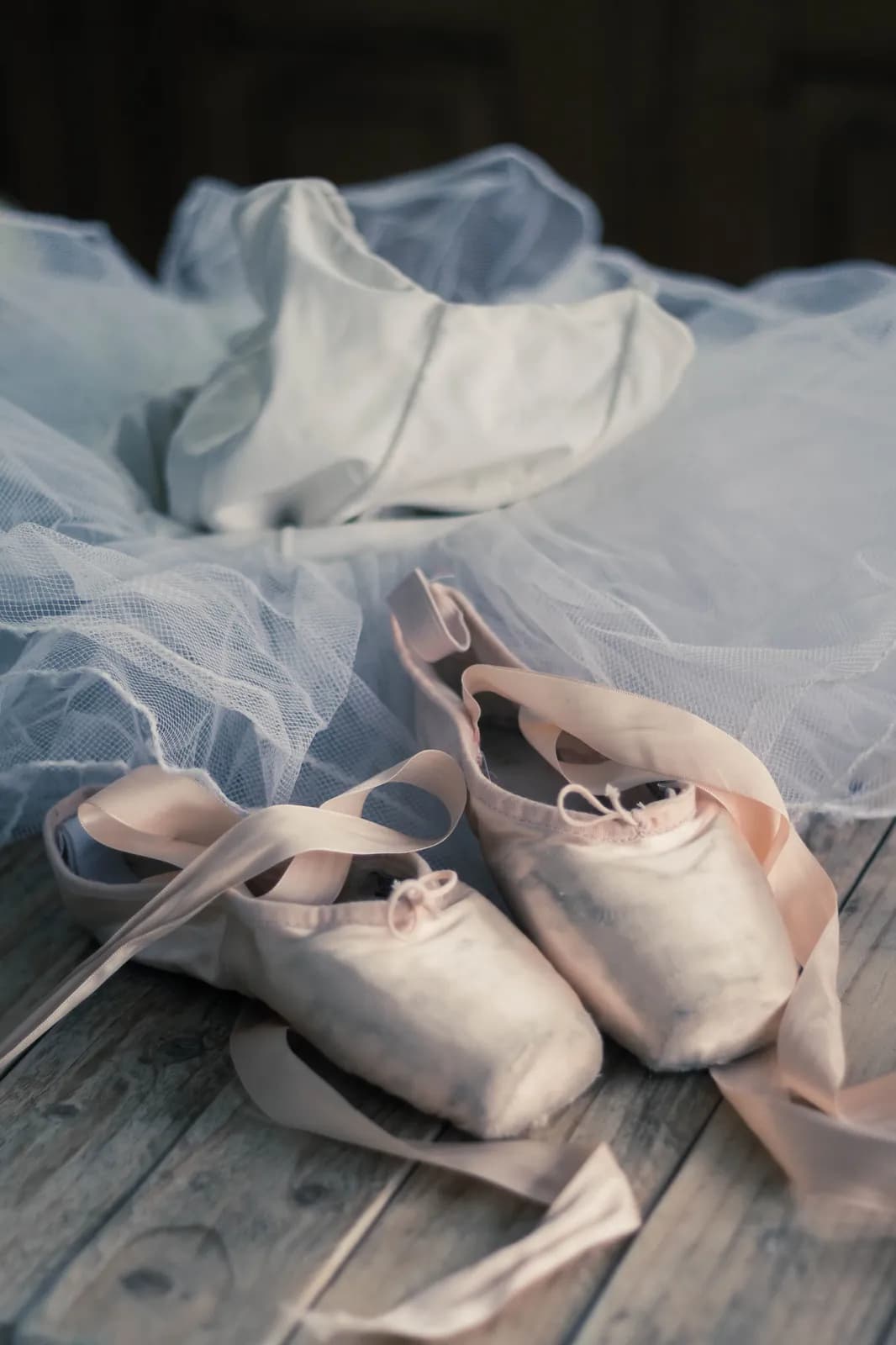 Pair of pink satin ballet pointe shoes resting on a white tulle tutu skirt on wooden floor surface