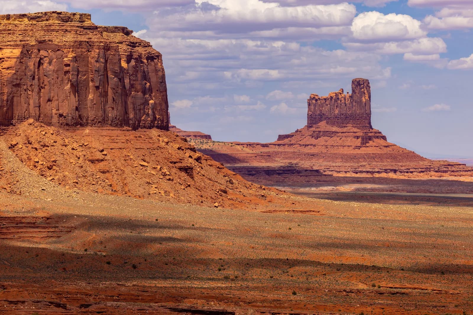 Scenic view of monument valley red rock buttes and desert landscape under a blue cloudy sky