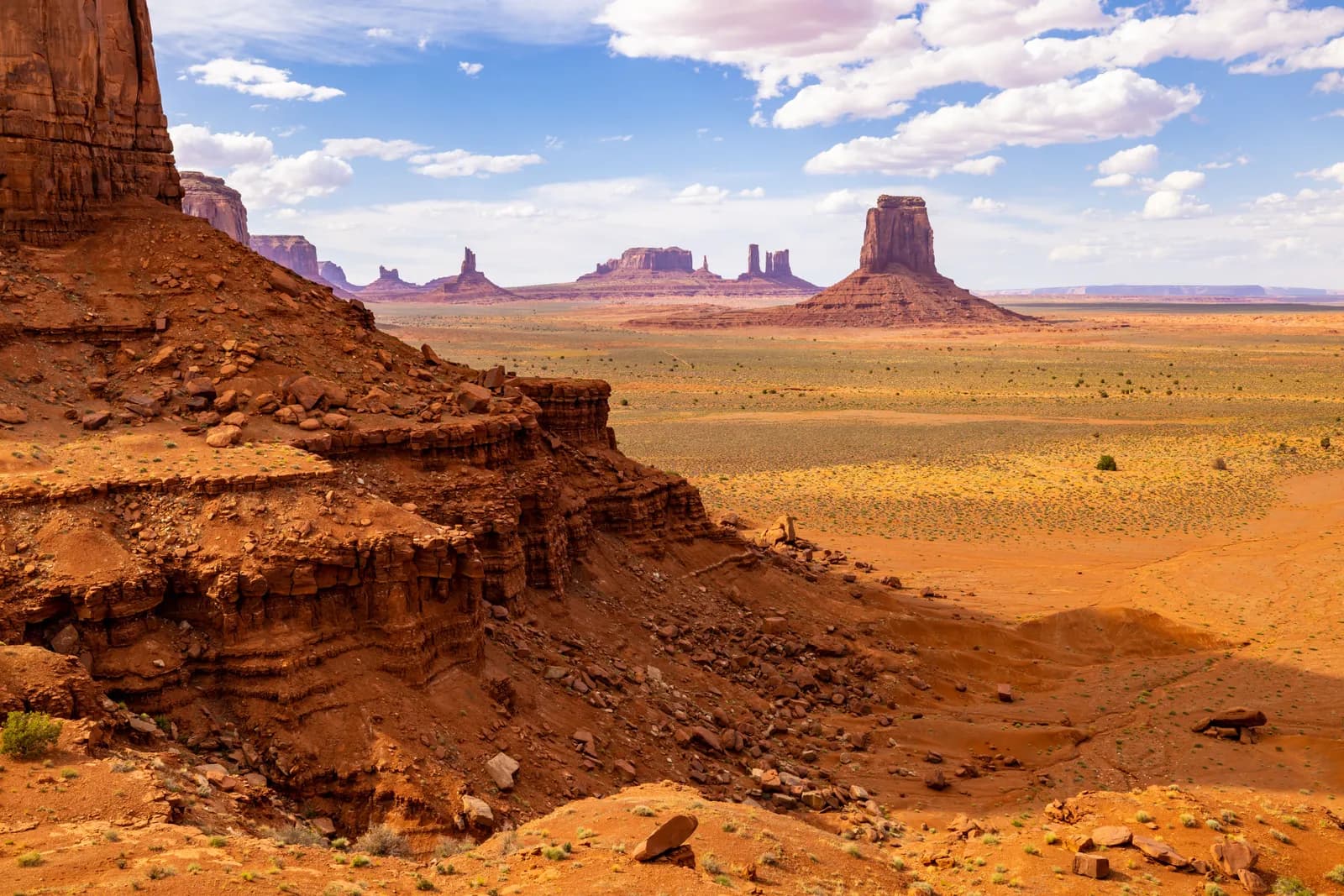 Scenic view of monument valley desert landscape with red sandstone buttes under a blue cloudy sky