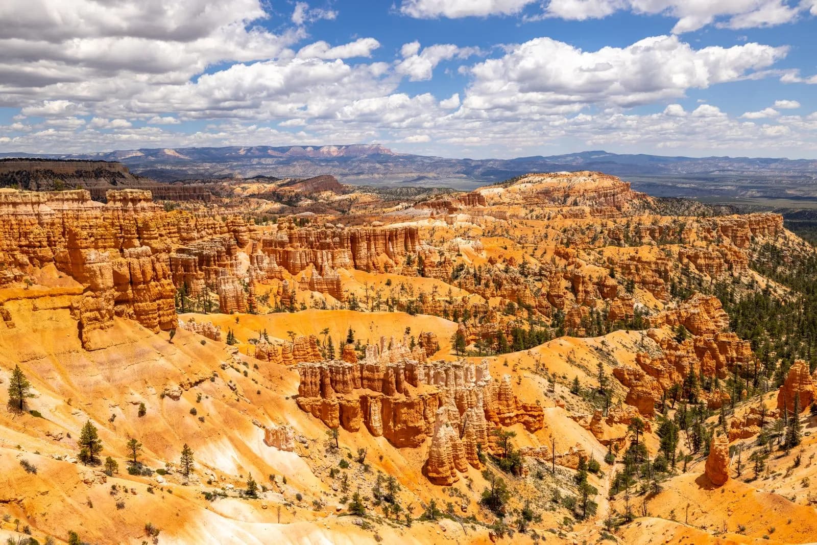 Panoramic view of bryce canyon national park with orange hoodoos and blue sky in utah usa
